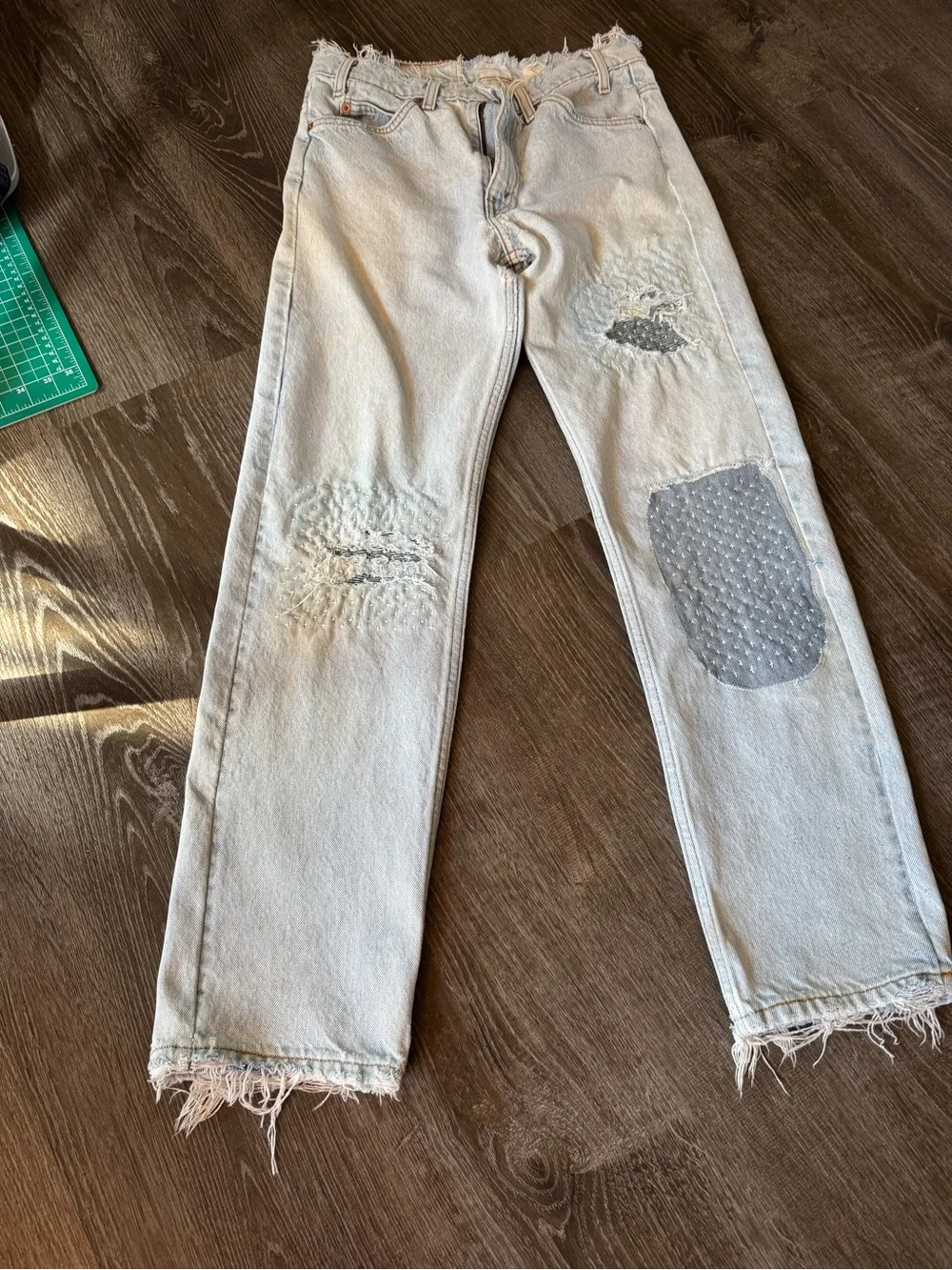 Vintage orange tab Y2K Light Blue Distressed Men’s Jeans with Patch Detail